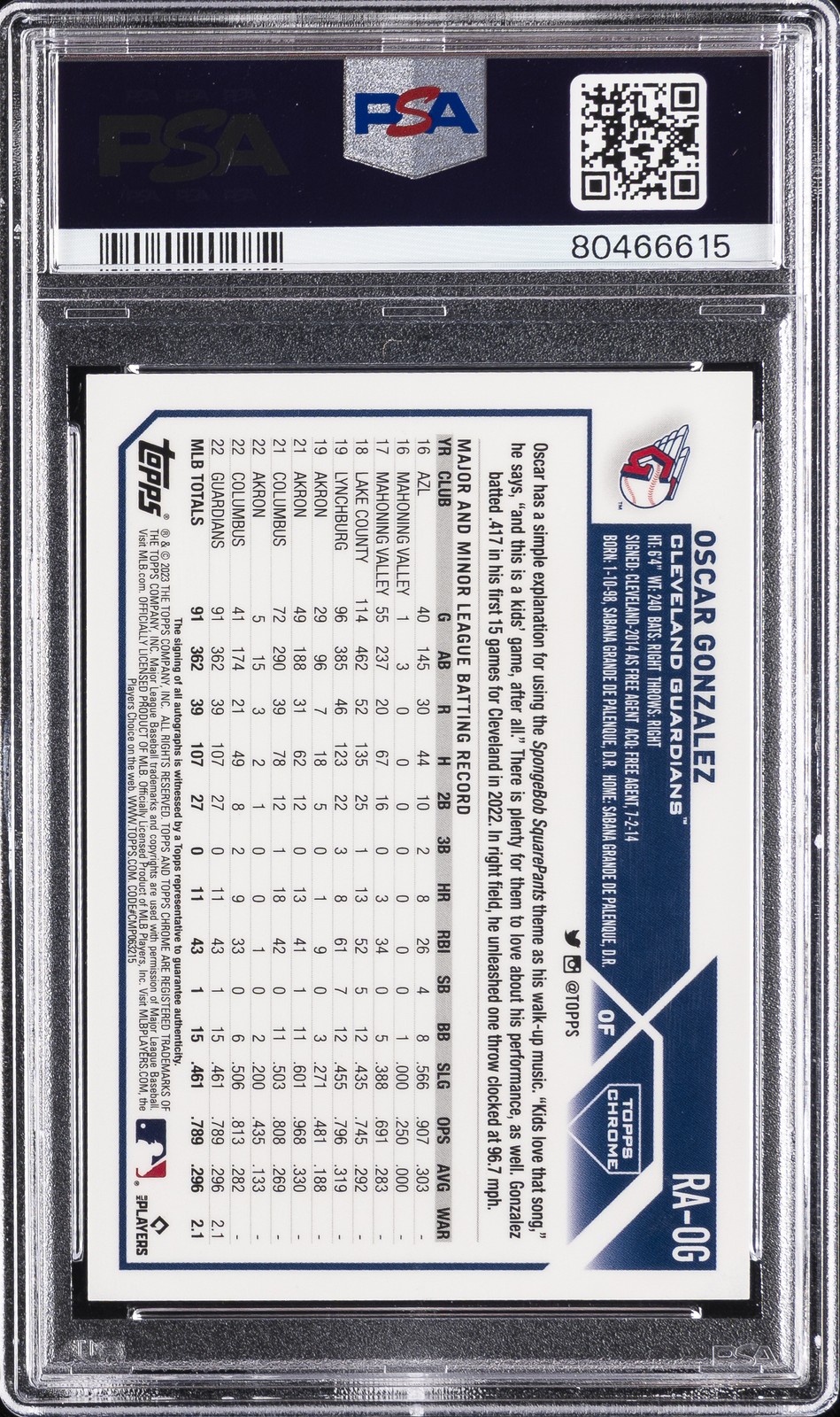 2023 TOPPS CHROME ROOKIE AUTO SUPERFRACTOR OSCAR GONZALEZ ROOKIE RC 1/1 PSA 8 view 2