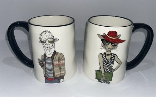 Signature Housewares Inc Hipster Pinup Coffee Mugs Cups Llama And Cat Set - Picture 1 of 4