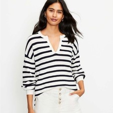 Loft Nautical Stripe Split Neck Sweater Blue White Relaxed Fit Size XS Coastal