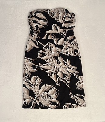 Banana Republic Strapless Linen Blend Black  Floral Dress Size 4 Preppy Prep