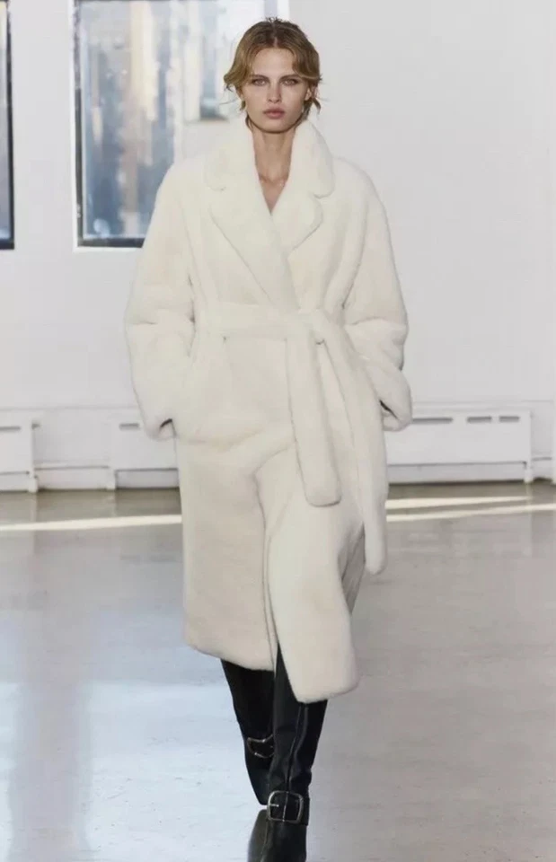 ZARA BELTED FAUX FUR COAT ZW COLLECTION ECRU NEW FW24/25 SIZE XL REF:4360/249 - Image 3 of 4