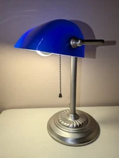 UL Bankers Desk Lamp Cobalt Blue Glass Shade Shiny Silver Pedestal Office
