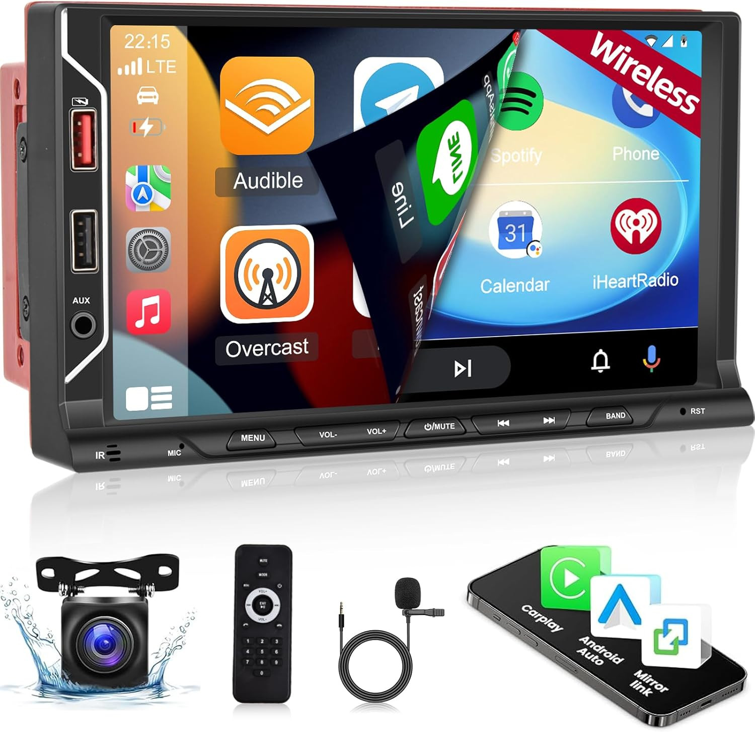 Autoradio 7'' 2 DIN Wireless Apple Carplay Android Auto con Retrocamera