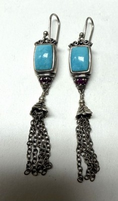 SX Sterling Silver Turquoise And Ruby Dangle Earrings Thailand