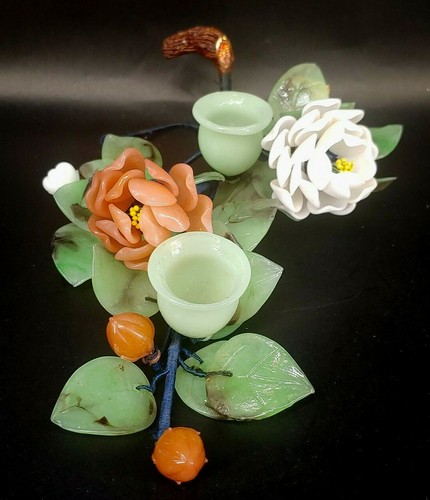 Pair of Antique Chinese Chrysanthemum Jade Glass Candle Holder Macy's Tag mAAQ - Picture 3 of 9