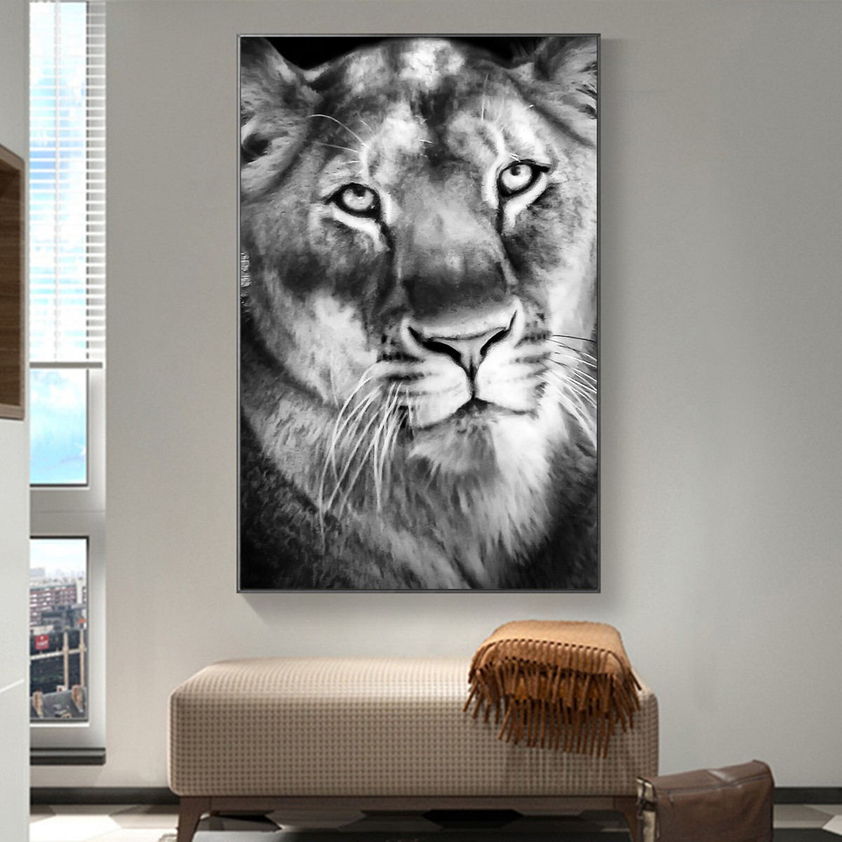 A symmetrical black and white drawing of a lion's head facing
