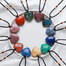 30mm Natural Crystal Love Heart Pendant Reiki Healing Gemstone Necklace Jewelry