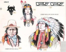 1980s 182C NATIVE INDIANS CHIEFS 11 X 14" TATTOO DESIGN SHEET LAMINATED VG COND