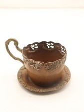 Antique Copper Ornate Tea Coffee Cup & Saucer, Engraved With Flowers, Handmade