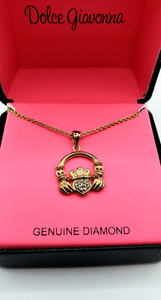 Authentic NIB Vintage 18K Gold Plated Diamond Dolce Giavonna Claddagh Necklace 18"