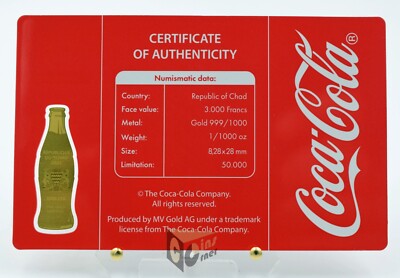 Coca Cola Bottle 1/1000 Oz 999 Gold Shaped Coin 3000 Francs