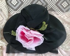 Vintage Hat Black w Pink Flower on Black Fabric Band 5" Wide Brim