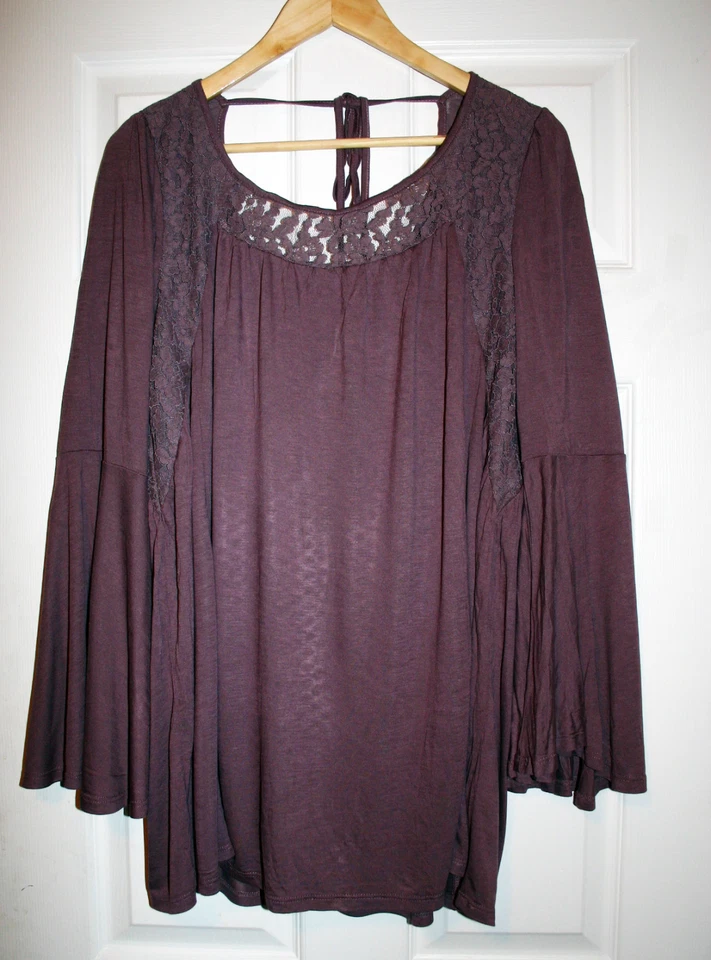 Blusa túnica tejida con canesú de encaje borgoña jaspeada L hilo índigo para mujer nueva sin etiquetas