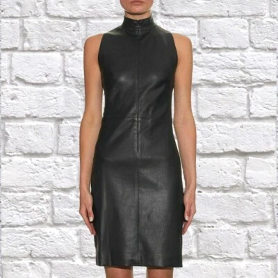 Damen Schwarzes Leder Ärmelloses Kleid Echtes Lammleder Damenmode Übergröße - Bild 1 von 3