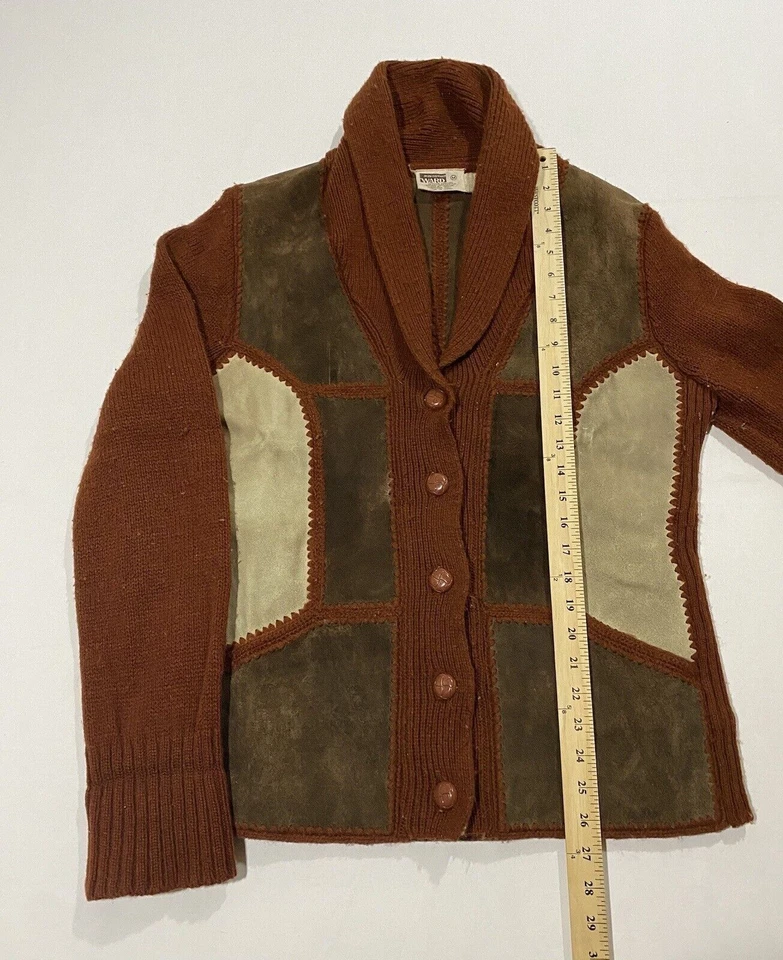 Suéter Montgomery Ward Vintage Cuero Y Acrílico Años 70 Mediano Para Mujer Óxido AF2 Foto 2 de 4