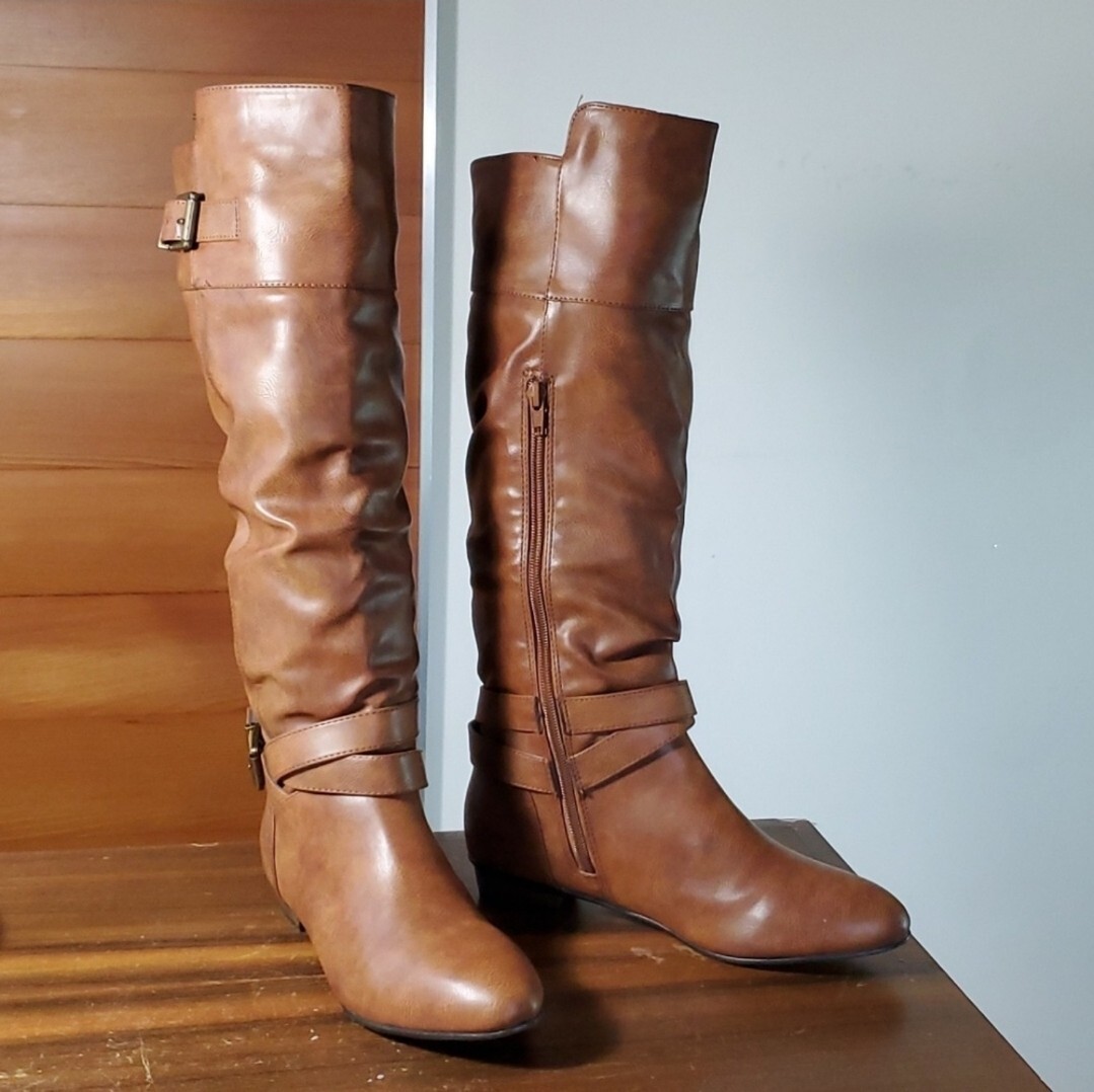 Material Girl Women's Damien Faux Leather Studded Knee High Boots Brown Size 6.5 M