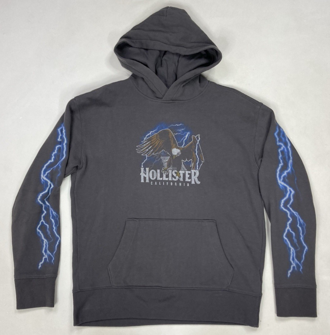 Hollister Eagle Lightning Graphic Pullover Hoodie Men Small Gray