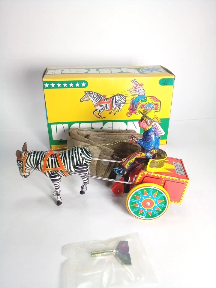 Новая из старых запасов винтажная оловянная литографская заводная игрушка ковбойский вестерн на тележке, натянутая зеброй - Изображение 3 из 4