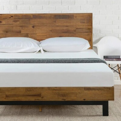 Pine Wooden Platform Bed with Metal Interior Frame and Non Slip Slats [Queen]