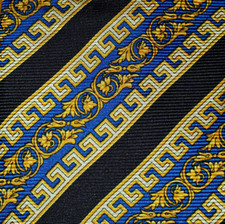 GIANNI VERSACE ~V2 ~MENS SILK DRESS TIE ~GOLD FILIGREE & BLUE BLACK STRIPE ~ 57"