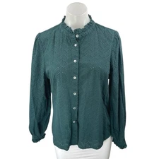 Les Essentiels de MONOPRIX Green Long Sleeve Embroidered Button Blouse Top 12 