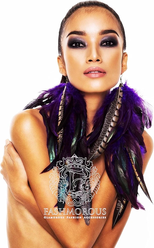 Pendientes colgantes boho chic con plumas de ciruela - ligeros e hipoalergénicos Foto 3 de 4