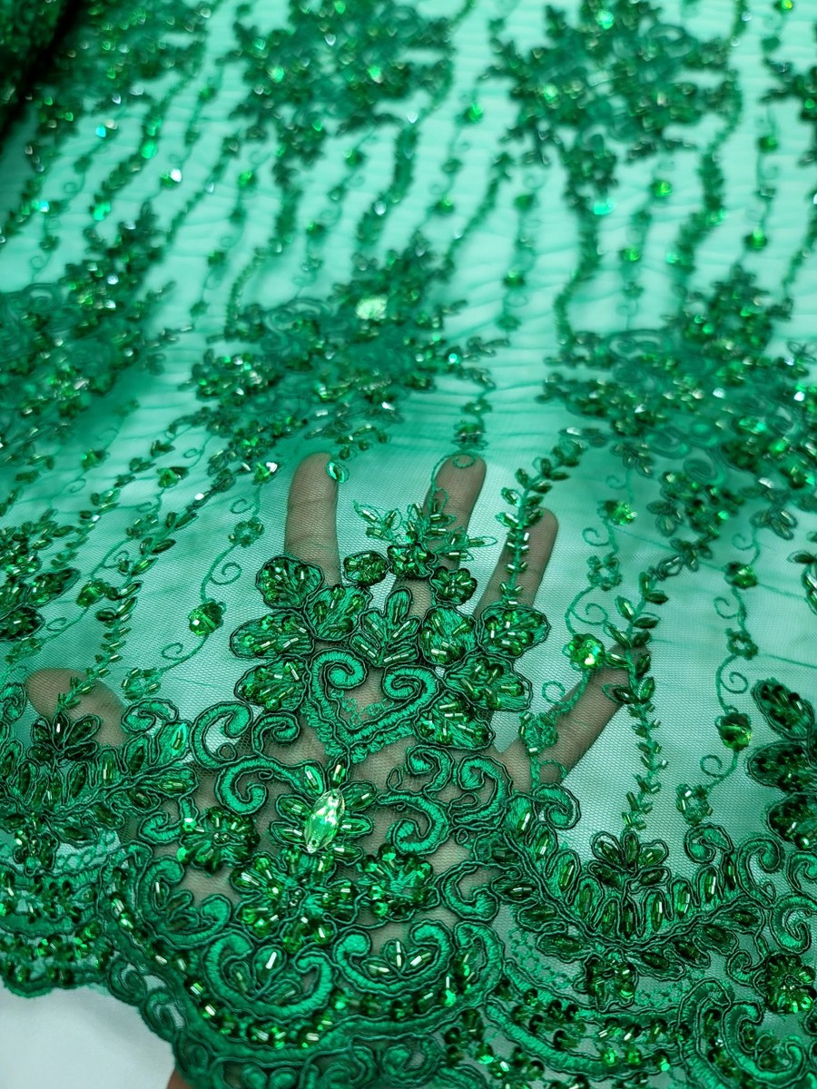 KELLY GREEN Embroidery Lace Beaded Fabric 50 W Sold By The Yard For Dress KELLY GREEN Embroidery Lace Beaded Fabric 50 W Sold By The Yard For Dress