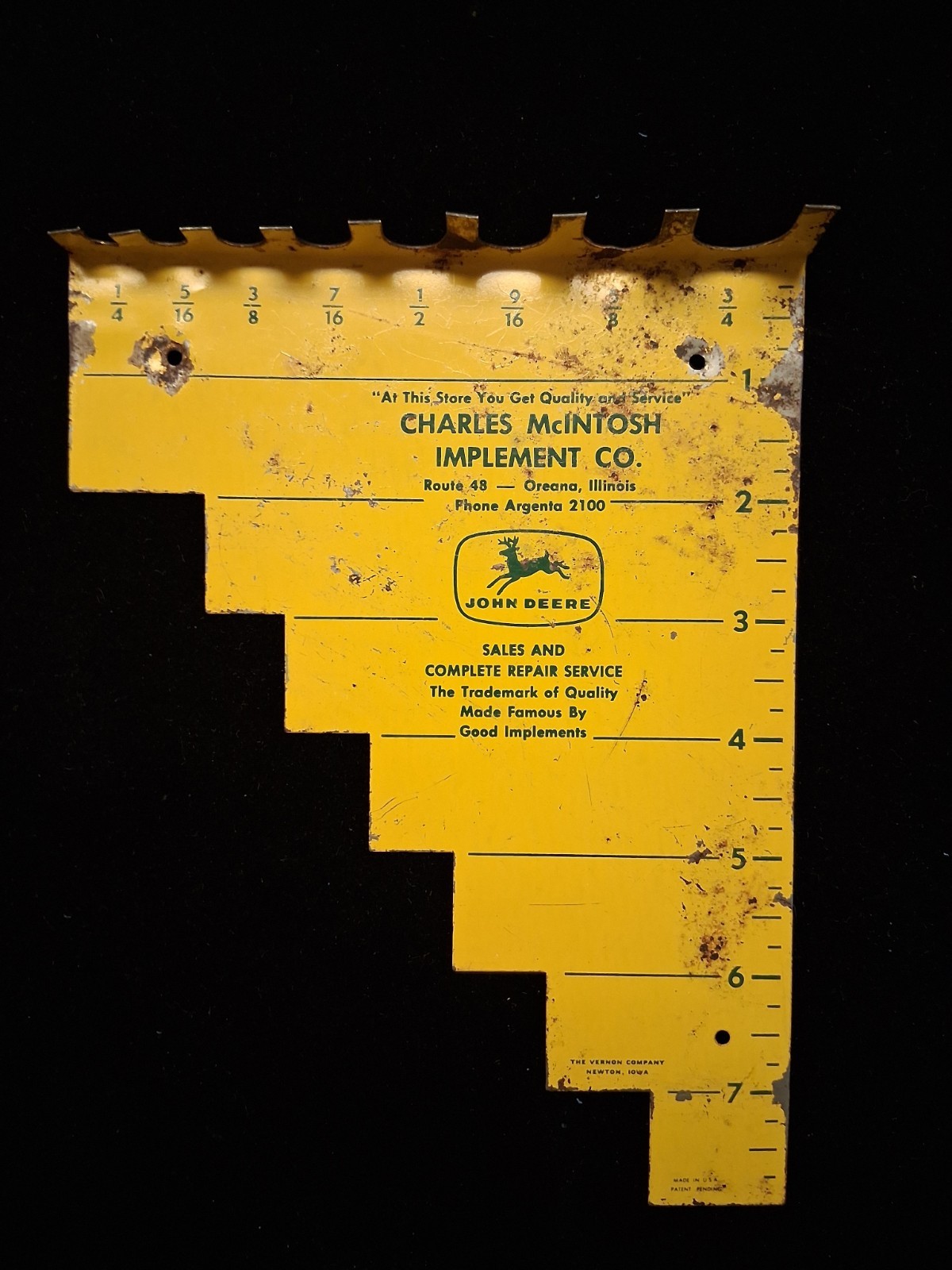 John Deer Metal Bolt Gauge Charles McIntosh Implement Co. Oreana IL.