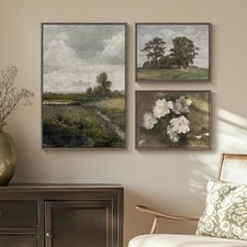 3 Piece Framed Vintage Canvas Wall Art Set, Large Green Floral and Tree Lands...