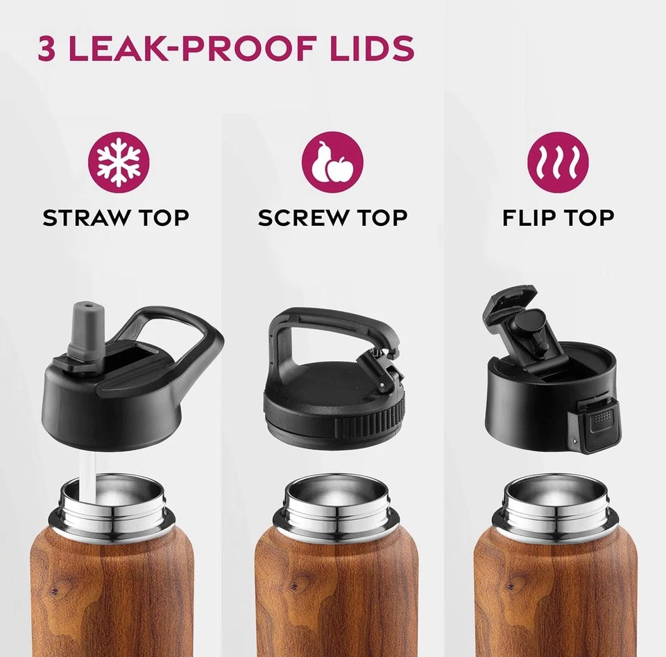 Triple Insulated Stainless Steel Water Bottle with Straw Flip Top Lid 750ml - Image 3 of 4