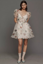 NWT ANTHROPOLOGIE FARM RIO SEMI-SHEER PUFF-SLEEVE MINI DRESS- SIZE X-SMALL