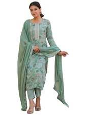 GoSriKi Women's Rayon Blend Printed Straight Kurta with Pant & Dupatta