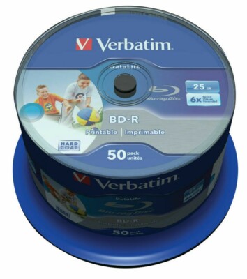 50 Verbatim Blu Ray 43812 25GB 6x Speed Printable Spindle Blank BD-R Discs