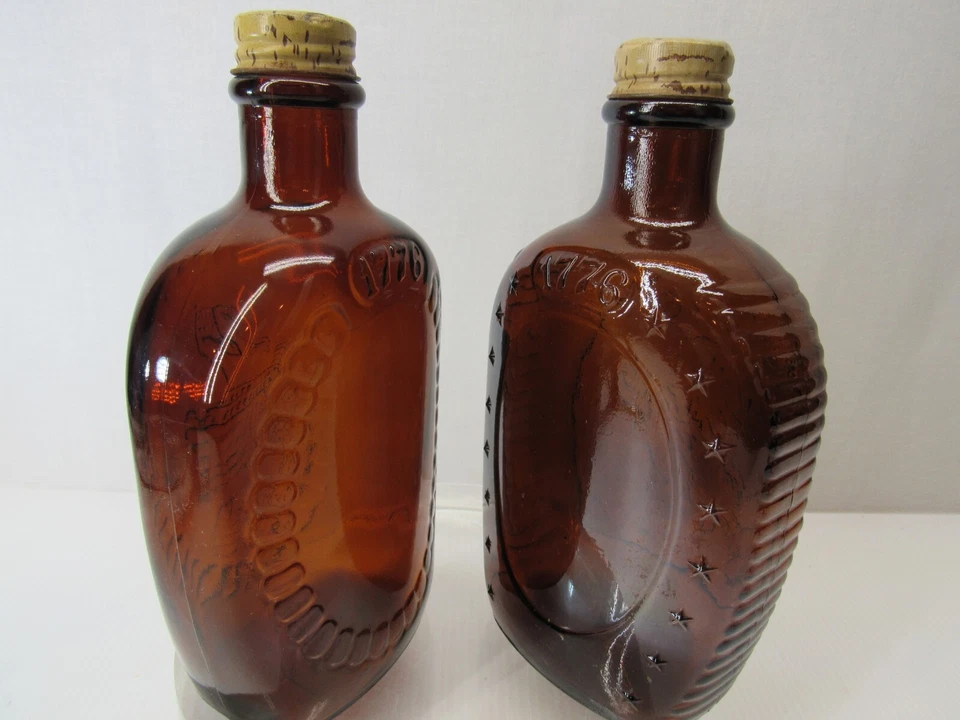 Vtg Log Cabin Syrup Embossed USA Flag & Patriot Amber Brown Glass Bottle 2 lot - Image 2 of 4