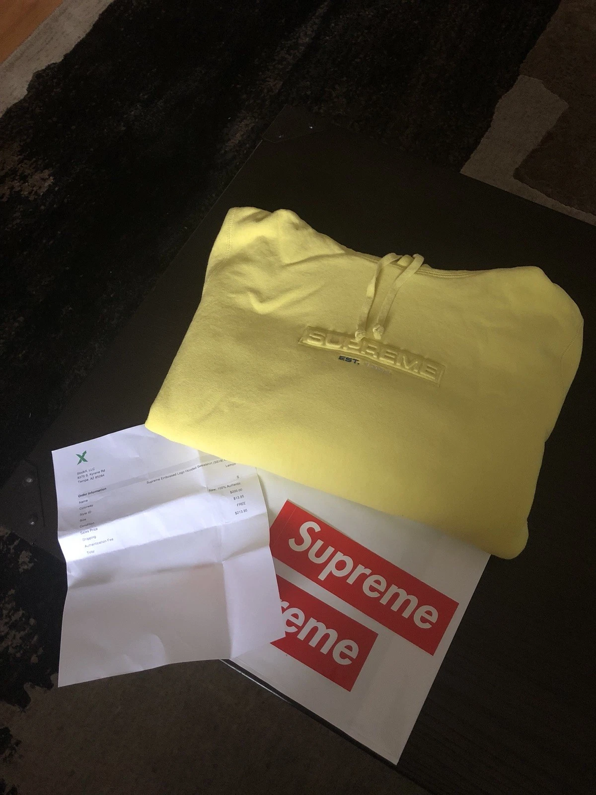 Supreme Embossed Logo Hooded Sweatshirt Small Lemon Yellow
