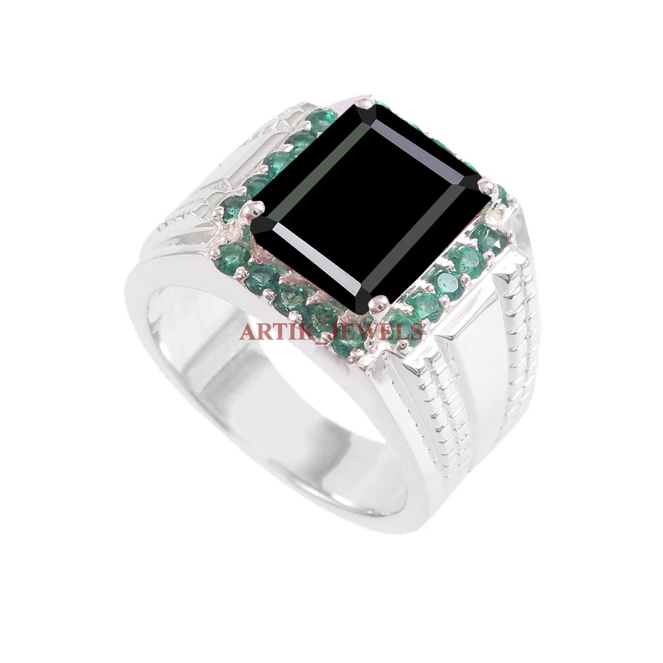 Anillo De Hombre De Ónix Negro Y Verde Con Plata Esterlina 925 #5814 - Imagen 3 de 4
