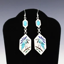 NATIVE AMERICAN ZUNI STERLING SILVER & TURQUOISE BLUE JAY EARRINGS QUINTIN QUAM