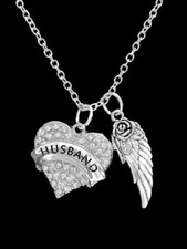 Memorial Necklace Husband Crystal Heart Guardian Angel Wing Charm Jewelry