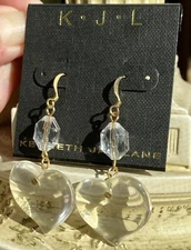 Kenneth Jay Lane KJL Earrings 22K Gold Plate Clear Lucite Heart Designer Jewelry