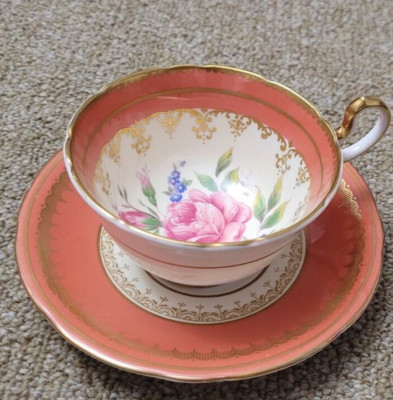 Aynsley England Bone China Orange-Brick Gold & Cabbage Rose Floral Cup & Saucer