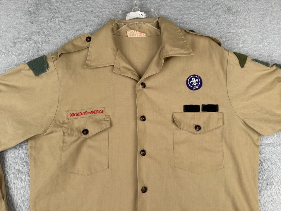 VINTAGE Boy Scouts of America Shirt Adult Large Beige Long Sleeve Poly READ ME - Image 4 of 4