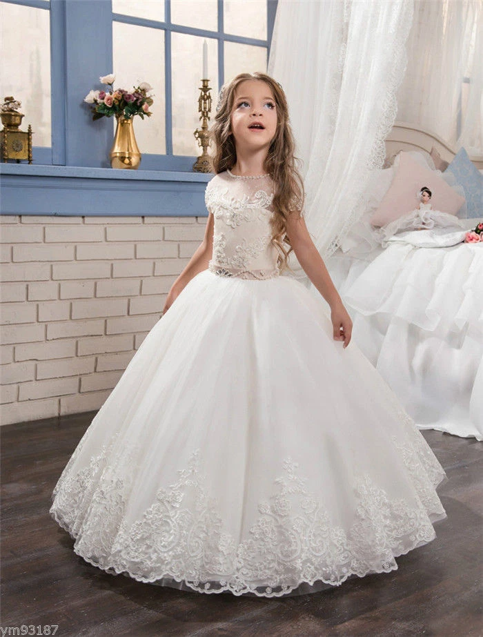 First Communion Dress 2305 Ball Gown Short Sleeves 3-D Flowers. – Sparkly  Gowns