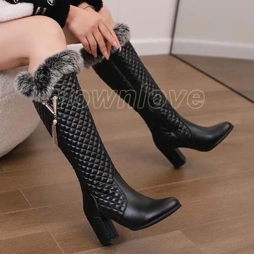 Halbhohe kniehohe Stiefel halbhoher Absatz Damen warm Fellbesatz Schnee Freizeitschuhe - Bild 6 von 6