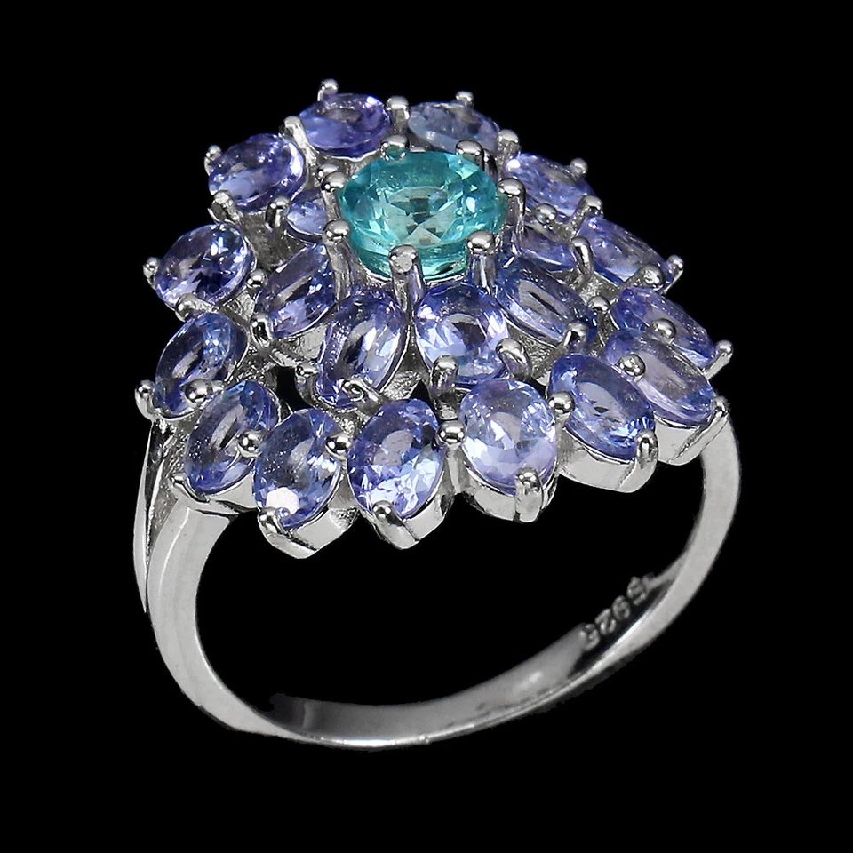 925 Anello Argento Sterling Rotondo Apatite Tanzanite Naturale Gemma Misura 7 - Immagine 2 di 4