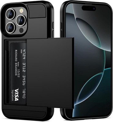 iPhone 16 Pro Max Case with Card Holder Dual Layer Heavy Duty Drop Protection Bl