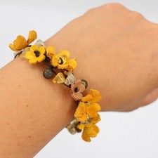 Handmade Genuine Leather Flower Bracelet w Stones Yellow Bracelet Sustainable