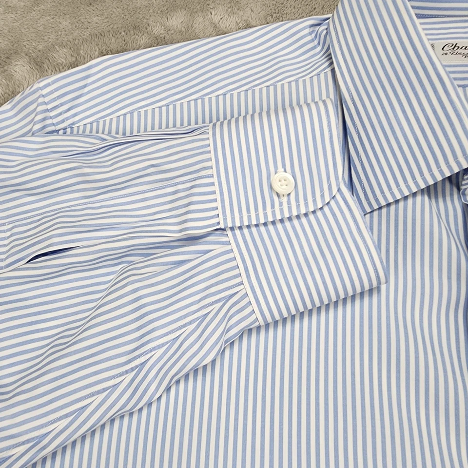 Camisa Charvet Para Hombre Grande Azul Blanco Rayas Vestido Botón Delantero Hecha en Francia Foto 4 de 4
