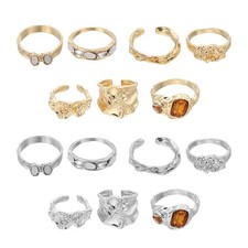 14pcs Chunky Rings Set for Women Adjustable Stackable Ring, Golden / Silver Tone