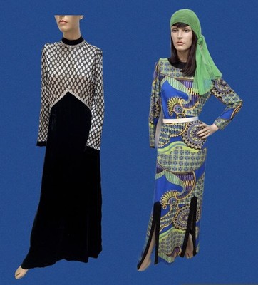 2) Vtg 1960s ACID TRIP Psychedelic Geo & Paisley 70s MOD LUREX VELVET MAXI DRESS