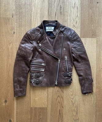 Acne Studios Leather Damen Moto Biker Jacket Brown Vintage Size S